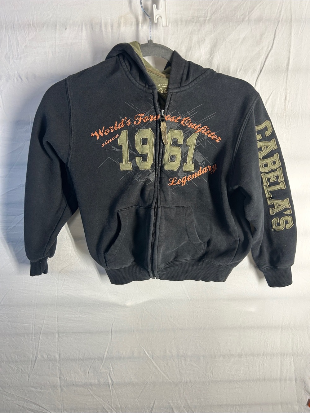 Cabela's Black Zip-Up Hoodie with Olive and Orange Accents
